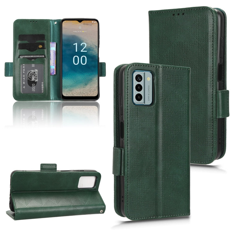 Green wallet-style leather phone case with card slots and foldover stand