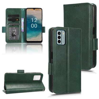 Green wallet-style leather phone case with card slots and foldover stand