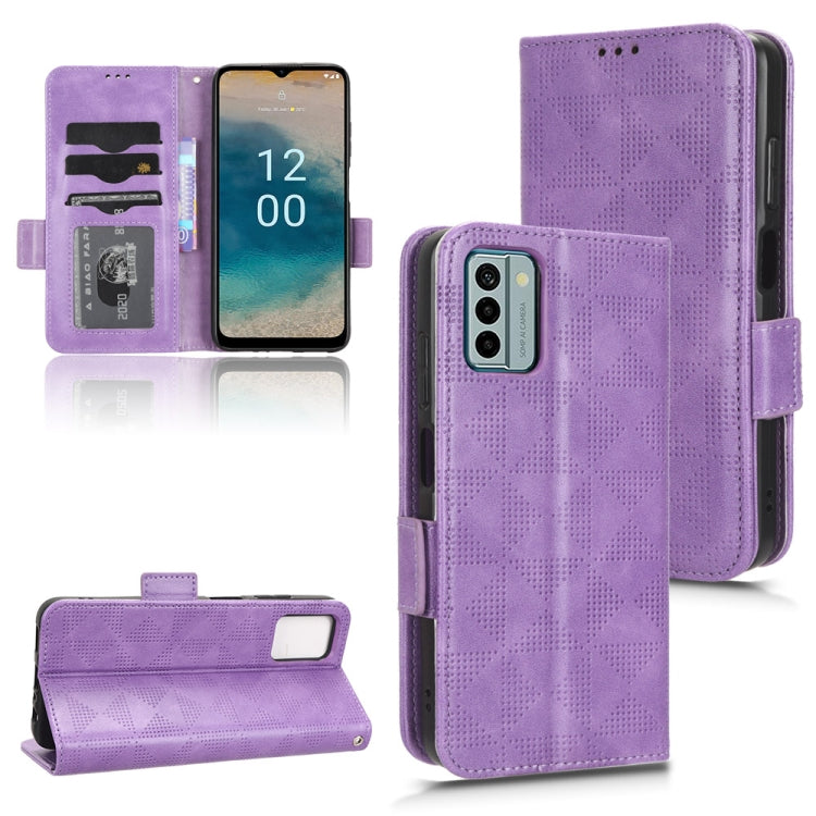 Purple wallet-style leather phone case with card slots and foldover stand