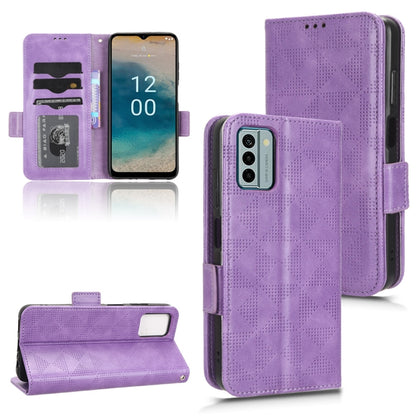 Purple wallet-style leather phone case with card slots and foldover stand