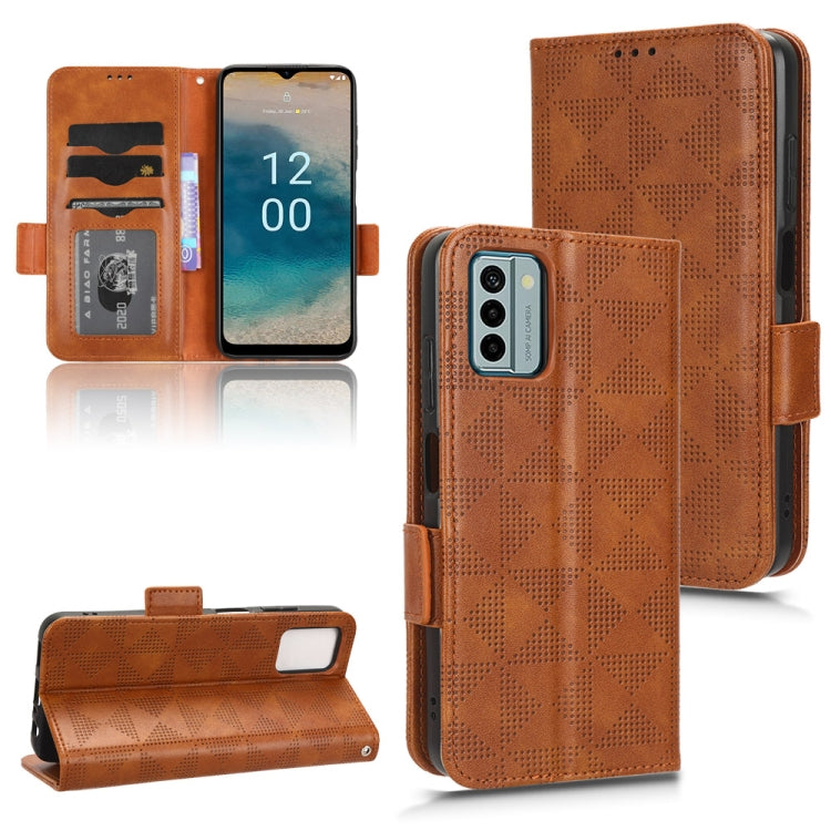 Brown wallet-style leather phone case with card slots and foldover stand