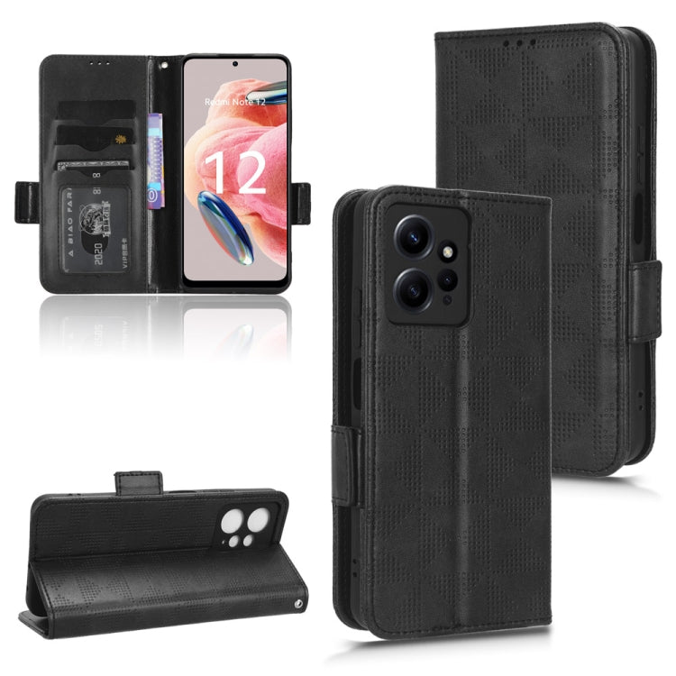 Black leather phone case with symmetric triangle texture, folio flip with wrist strap