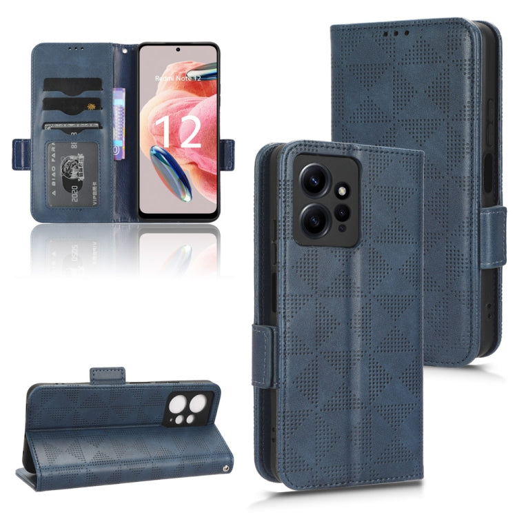 Blue leather phone case with symmetric triangle texture, folio flip with card slots