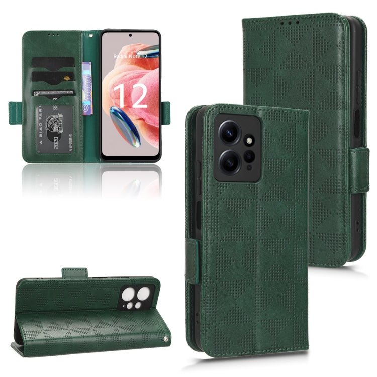 Green leather folio phone case with geometric pattern and camera cutouts