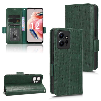 Green leather folio phone case with geometric pattern and camera cutouts