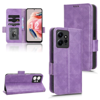 Purple leather folio phone case with geometric pattern and camera cutouts