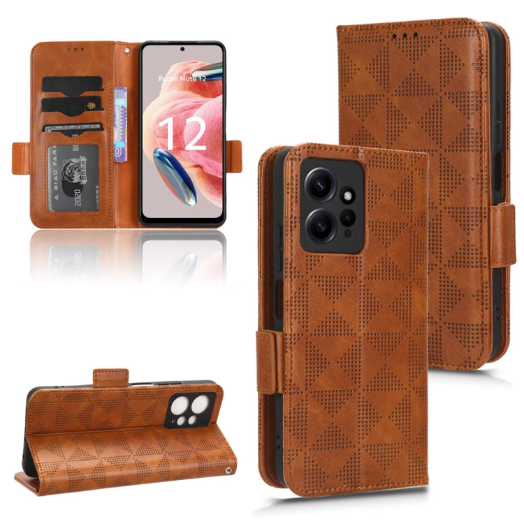 Brown leather folio phone case with geometric pattern and camera cutouts