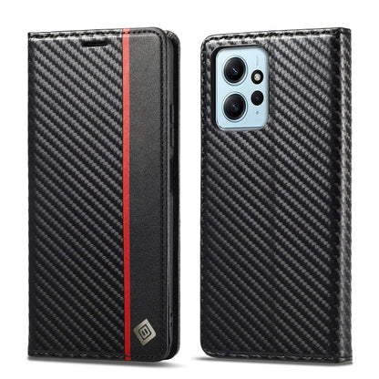 Black carbon fiber phone case with red stripe, dual-view front and back cutouts