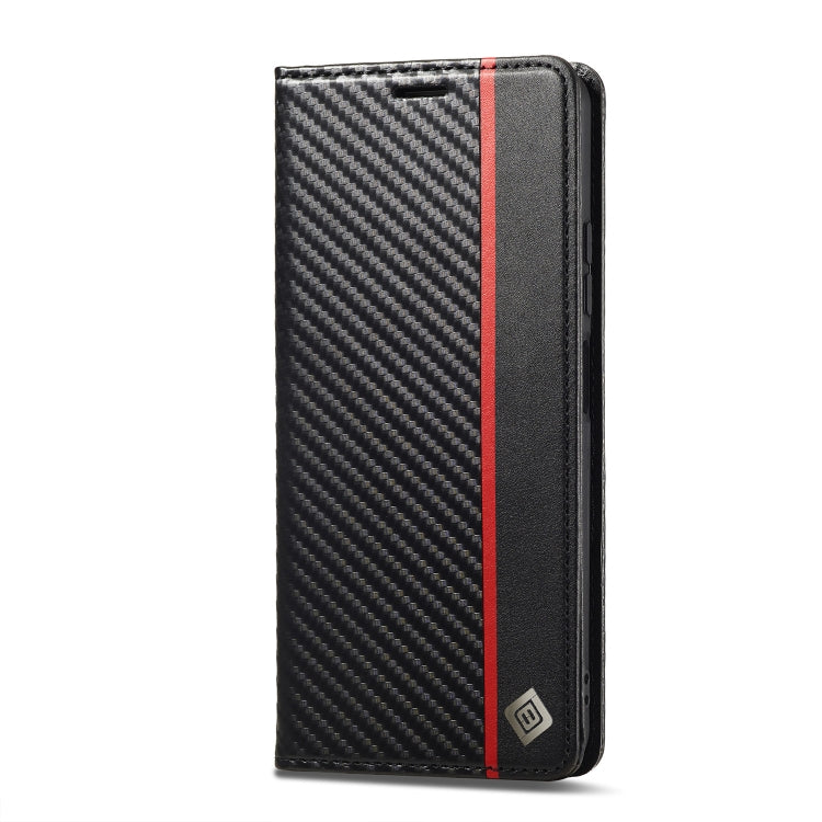 Black carbon fiber phone case with red stripe, side profile