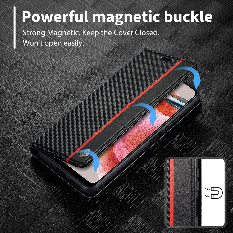 Black carbon fiber phone case with red stripe and magnetic buckle, cover open