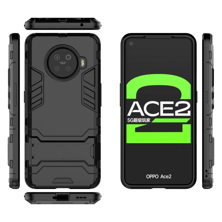 Black rugged shockproof protective phone case with holder, front and side profiles