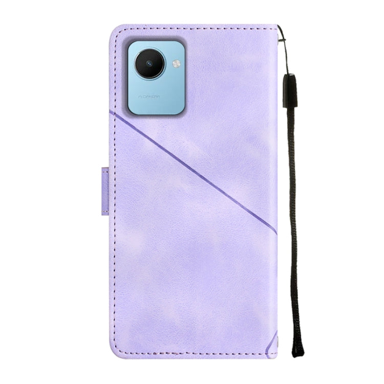 Light purple embossed leather phone case with camera cutout and pull-tab strap