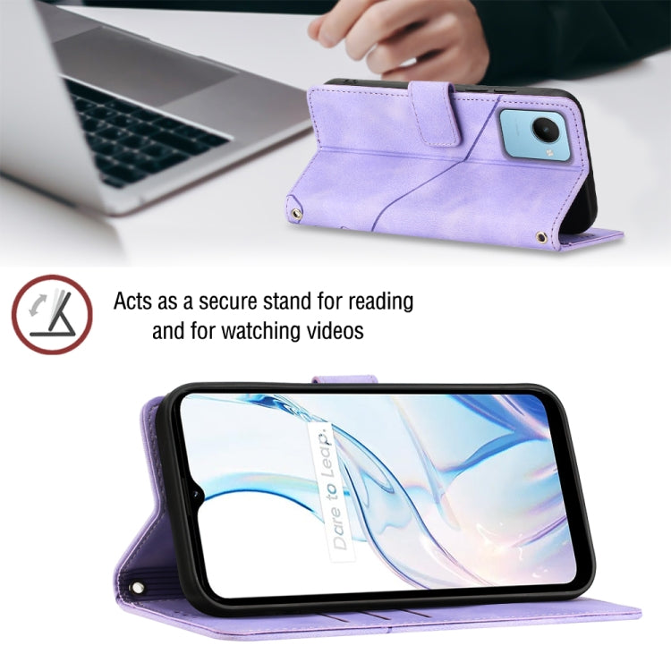 Light purple embossed leather wallet phone case acting as a stand for viewing