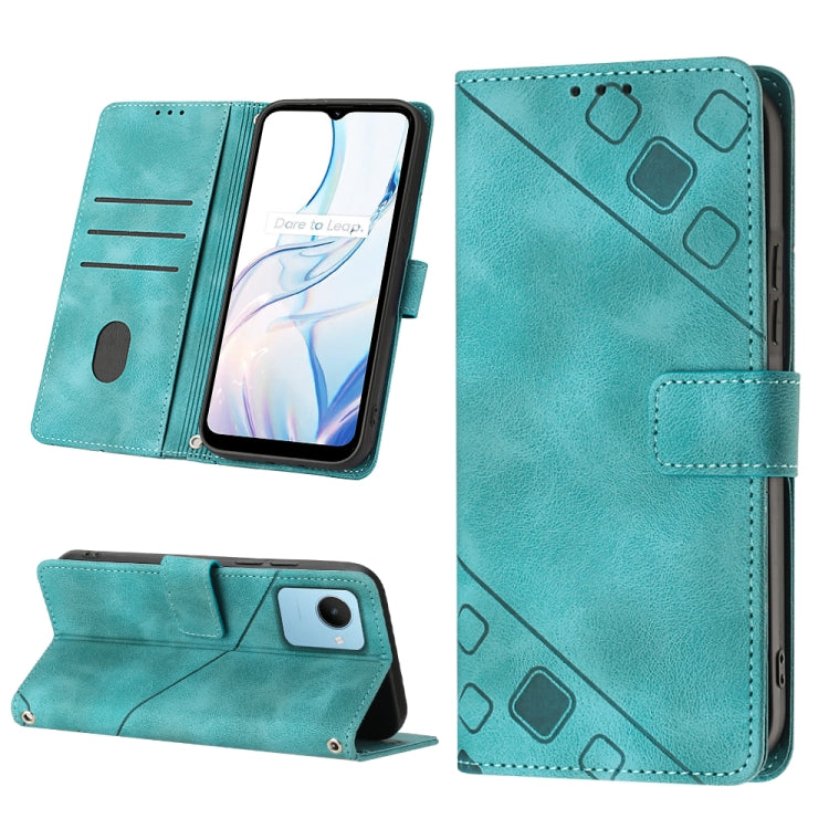 Teal embossed leather wallet phone case with folio flap and textured geometric emboss