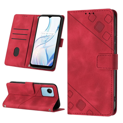 Embossed leather phone case in red with geometric embossing, folio slots, and stand