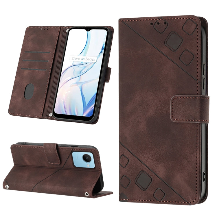 Embossed leather phone case in brown with folio wallet slots and built-in stand
