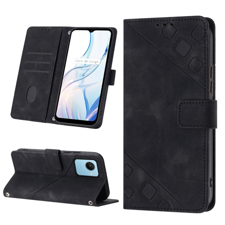 Black embossed leather folio phone case with magnetic strap and camera opening