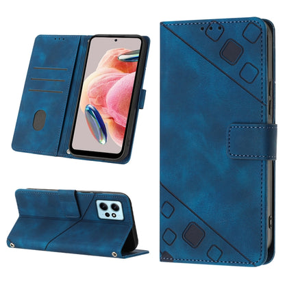 Embossed leather phone case in blue with folio wallet slots and built-in stand