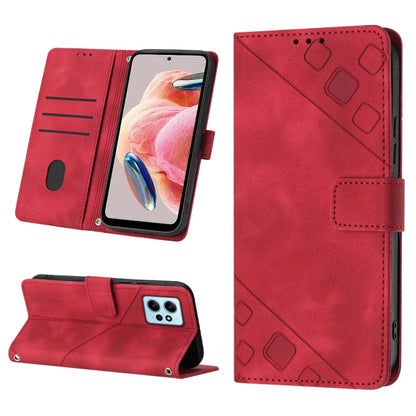 Embossed leather phone case in red with flip cover, folio pocket, and stand