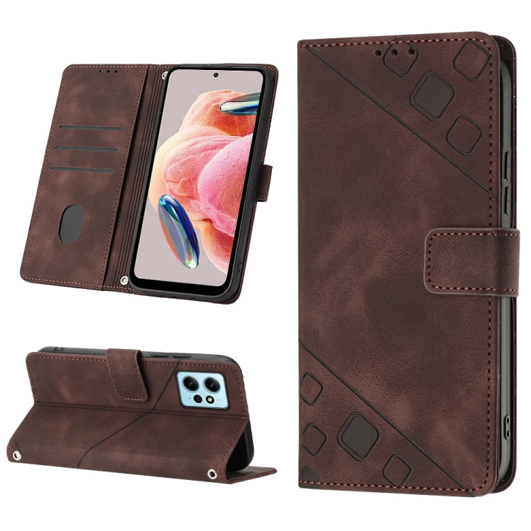 Embossed leather phone case in brown with geometric embossing and folio pocket