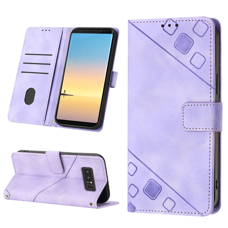 Embossed leather phone case in light purple with folio wallet slots and stand