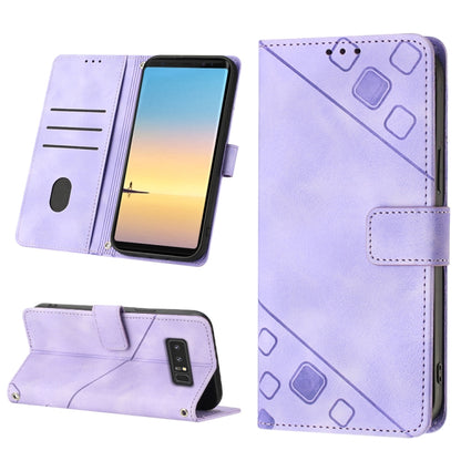 Embossed leather phone case in light purple with folio wallet slots and stand