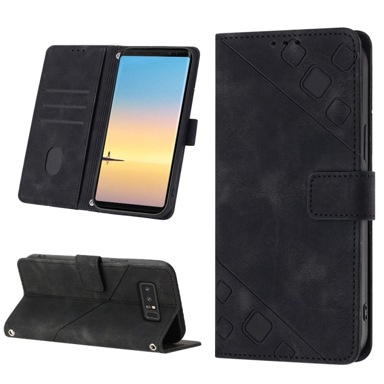 Embossed leather folio phone case with card slots and diagonal pattern, black
