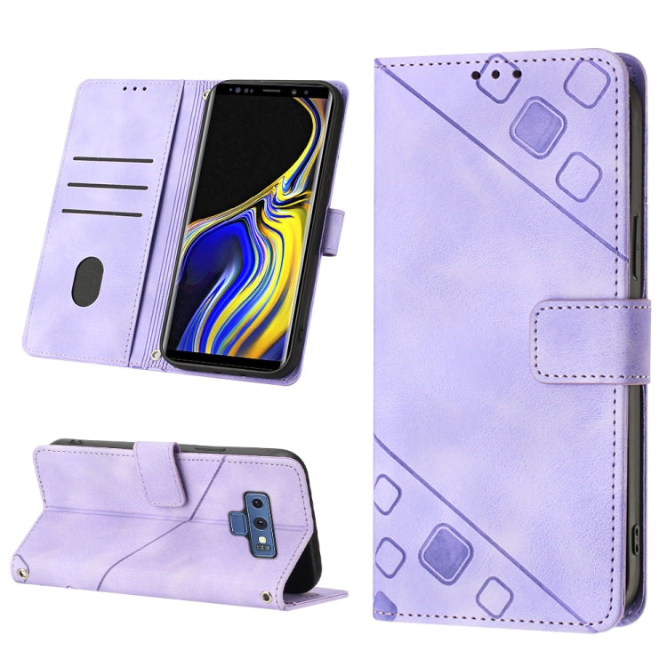Embossed leather phone case in light purple with flip cover, folio pocket, and stand