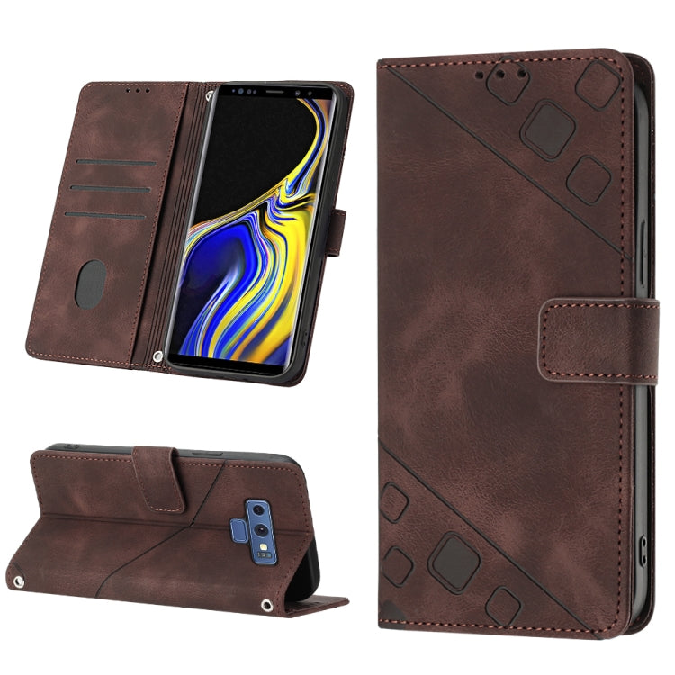 Brown embossed leather wallet phone case with card slots, flip cover, and strap closure