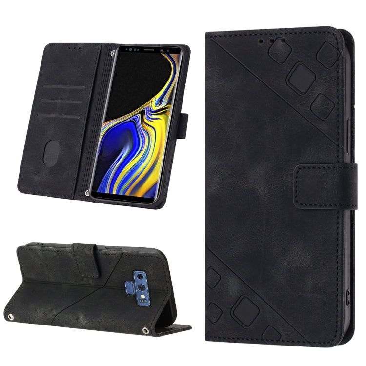 Embossed leather folio phone case with card slots and magnetic strap, black