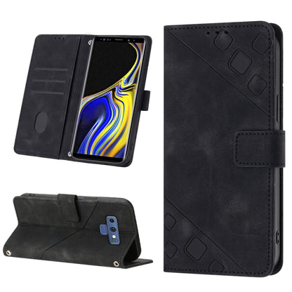 Embossed leather folio phone case with card slots and magnetic strap, black
