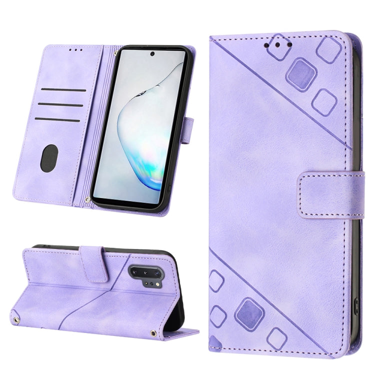 Embossed leather phone case in light purple with folio wallet slots and camera cutout