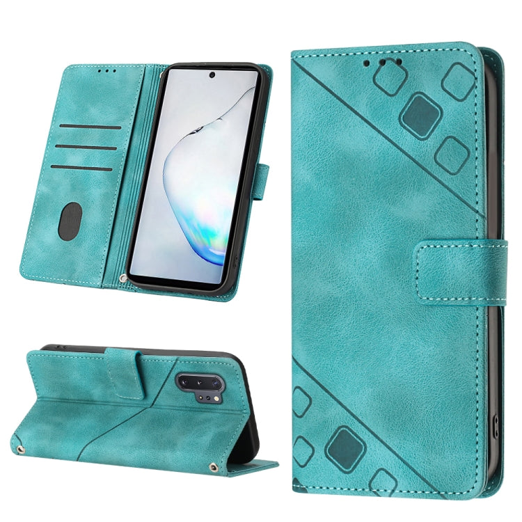 Teal embossed leather folio phone case with front flap and button cutouts
