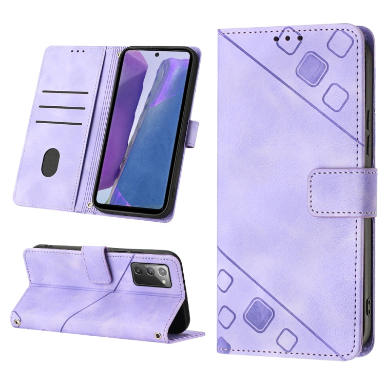 Embossed leather phone case in light purple with folio wallet slots and stand