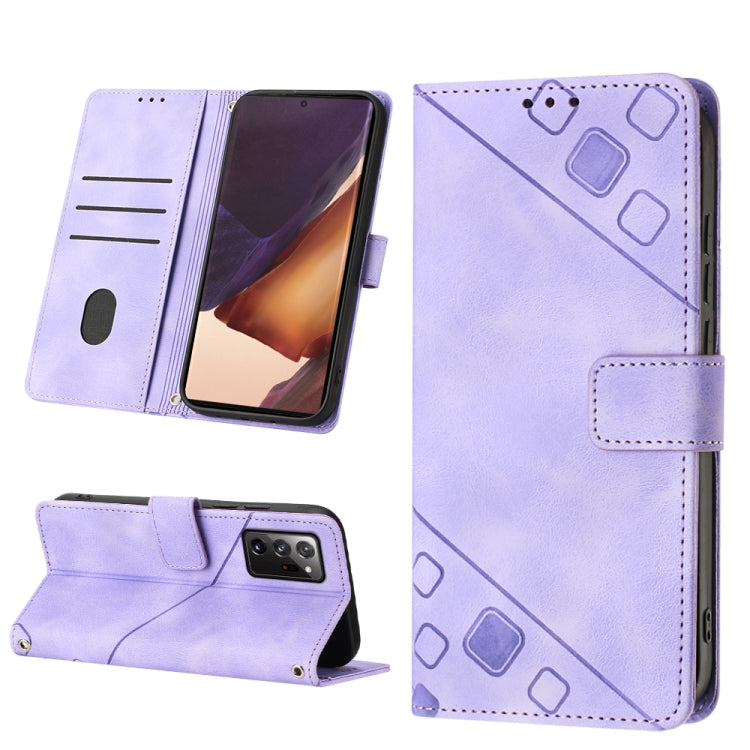 Light purple embossed leather folio phone case with magnetic strap and stand
