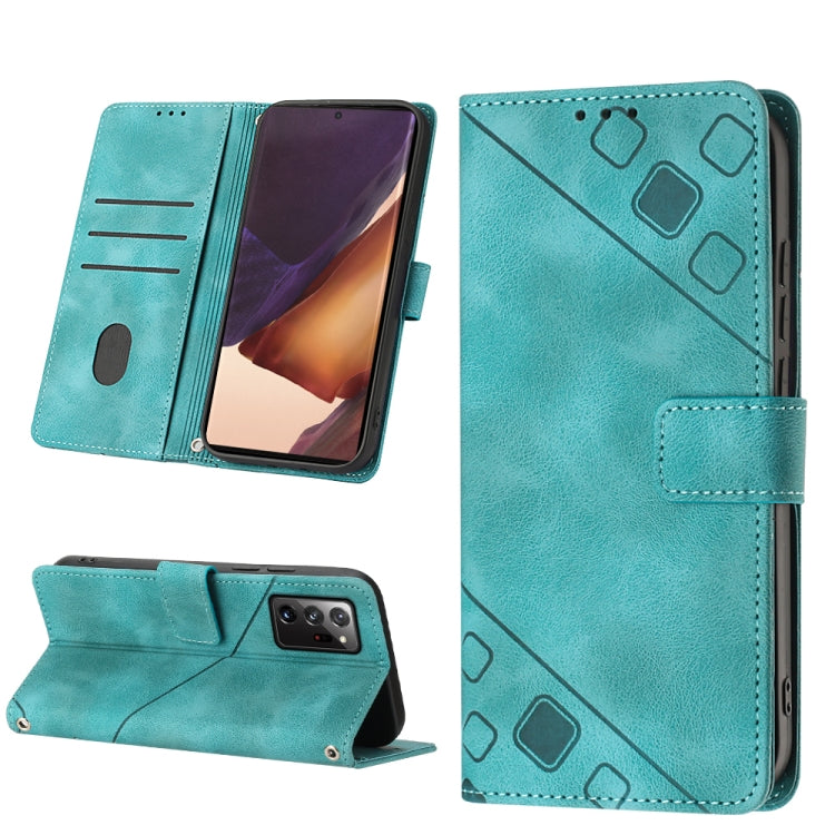 Turquoise embossed leather folio phone case, front cover open and stand view