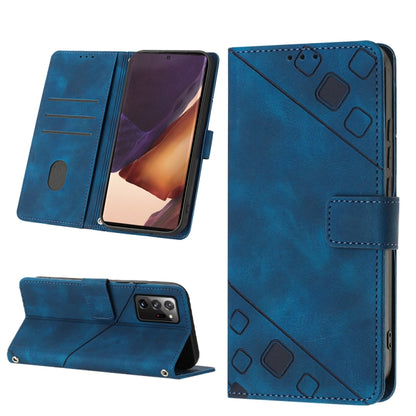 Blue embossed leather folio phone case with card slots and stand, magnetic strap.