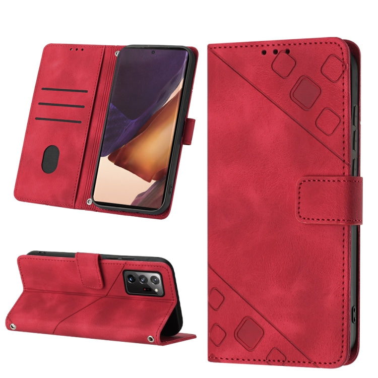 Red embossed leather folio phone case with card slots, stand, and magnetic closure flap.