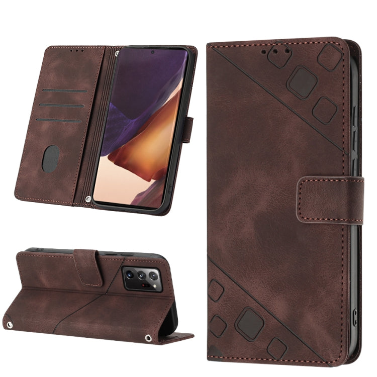Brown embossed leather wallet phone case with card slots, flip cover, and magnetic strap