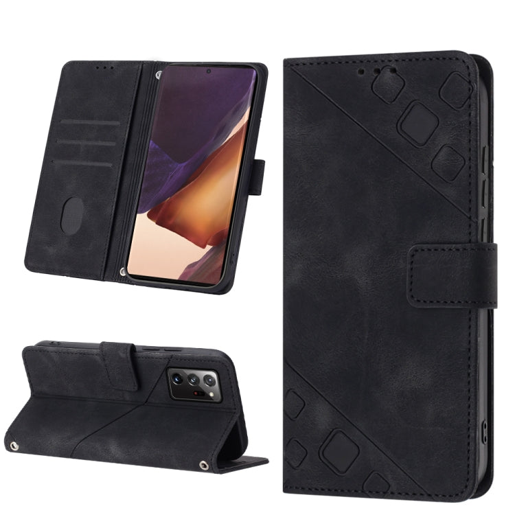 Embossed leather folio phone case with card slots and magnetic strap, black