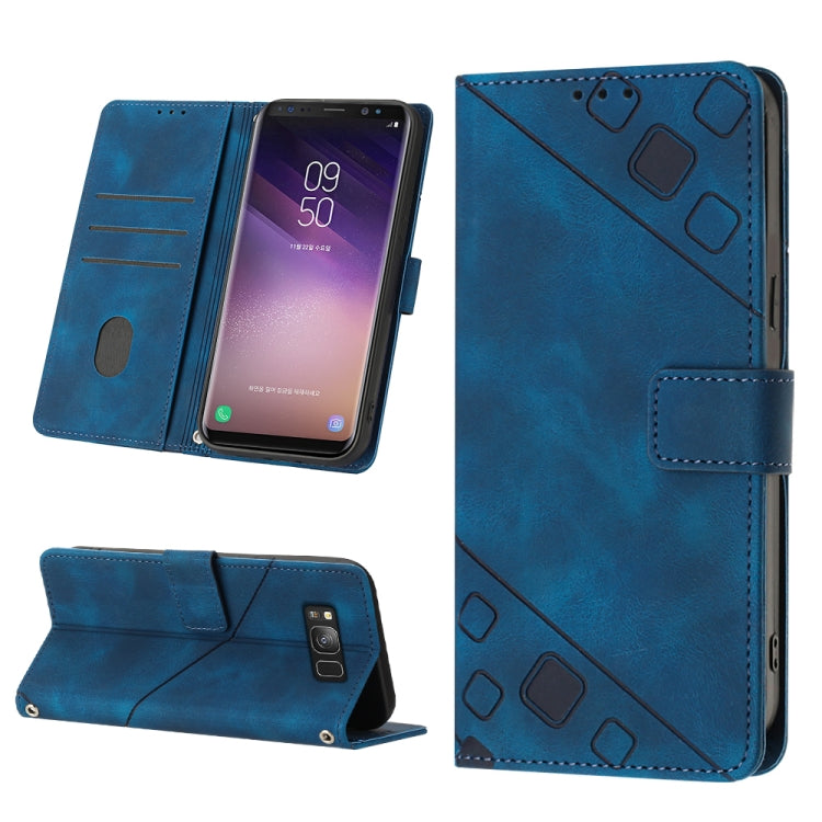 Blue embossed leather phone folio case with card slots and fold-out stand, magnetic closure.