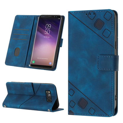 Blue embossed leather phone folio case with card slots and fold-out stand, magnetic closure.
