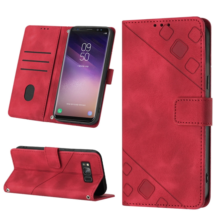 Red embossed leather wallet phone case with card slots and flip cover