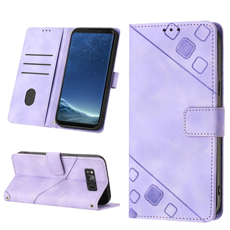 Light purple embossed leather folio phone case with front flap and camera cutout