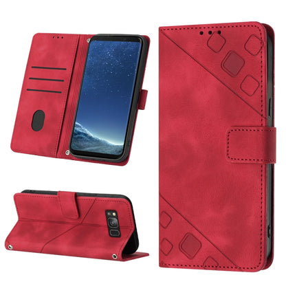 Red embossed leather wallet phone case with card slots, belt strap, and stand view