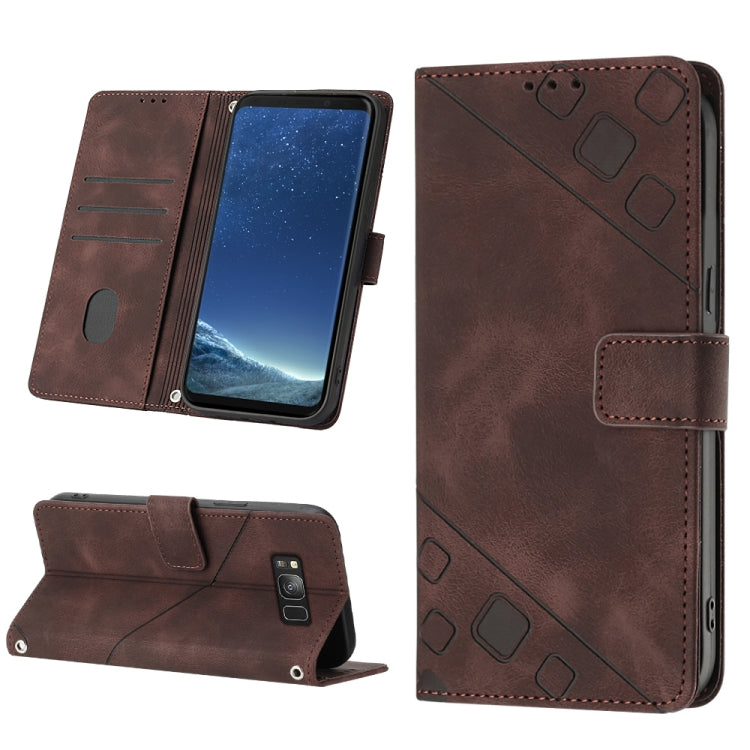 Embossed leather folio phone case with card slots and diagonal pattern, brown