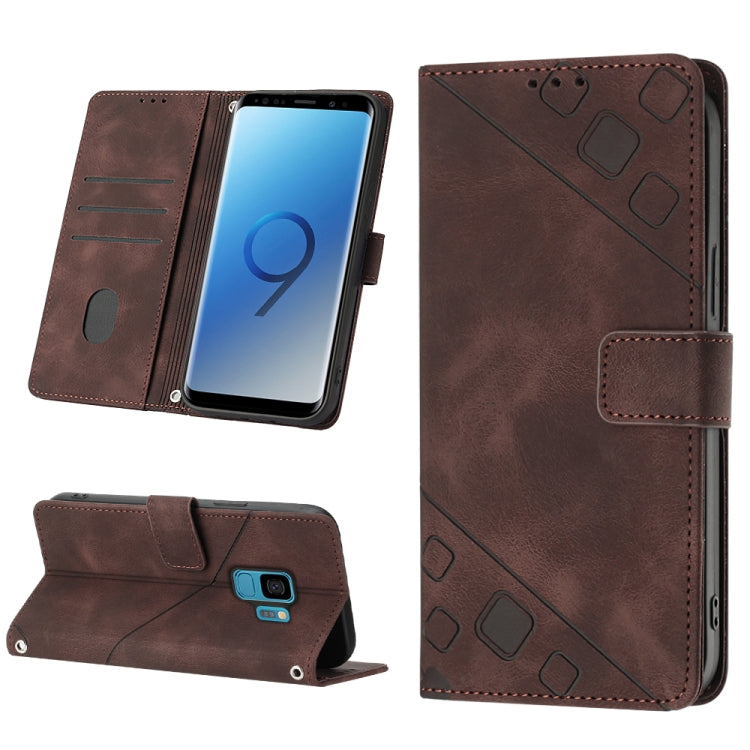 Embossed leather folio phone case with card slots and magnetic strap, brown