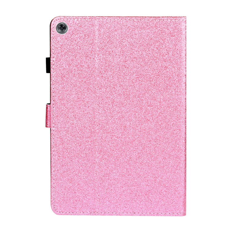 Pink glitter tablet case back with camera cutout and magnetic flip edge