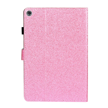 Pink glitter tablet case back with camera cutout and magnetic flip edge