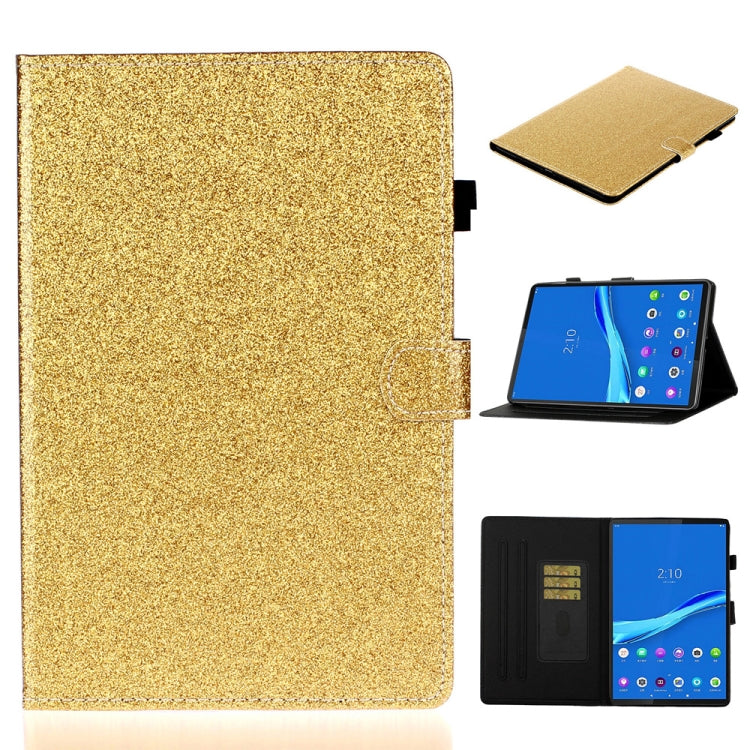 Gold glitter flip tablet case with card holder and sleep/wake, front cover view